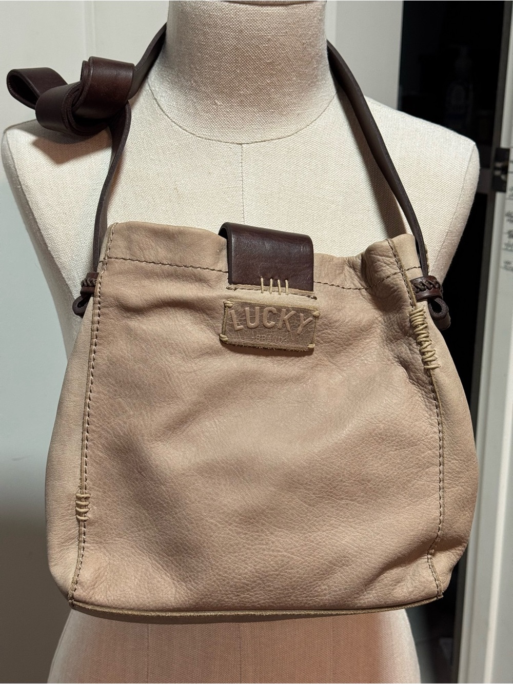 Lucky Brand Beige Leather Crossbody with Dark Brown Strap